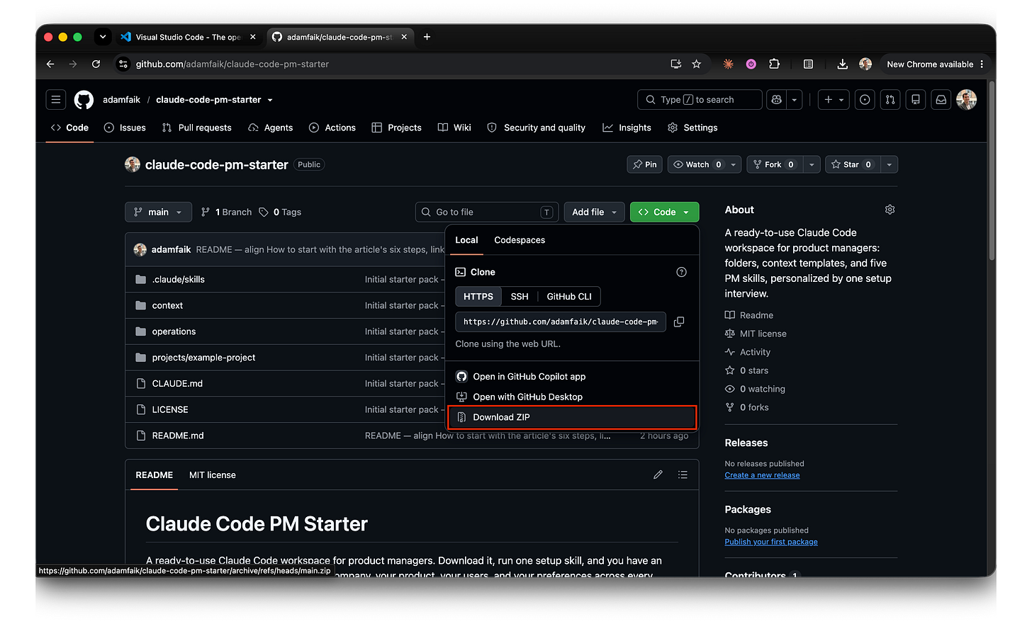 Screenshot of the claude-code-pm-starter repository on GitHub. The green Code button is expanded and the Download ZIP option is highlighted at the bottom of the dropdown. Screenshot of the claude-code-pm-starter repository on GitHub. The green Code button is expanded and the Download ZIP option is highlighted at the bottom of the dropdown.