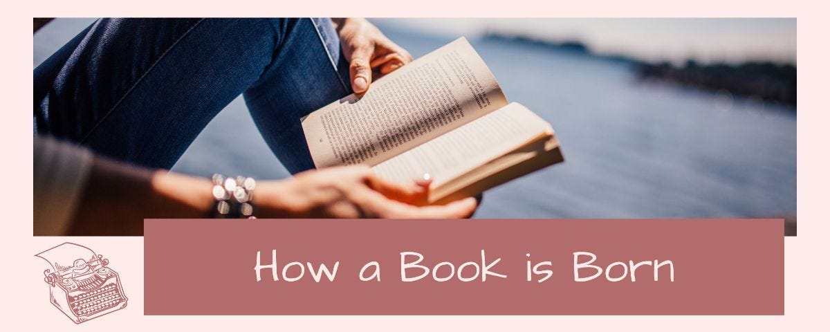 Pink border with a dark pink typewriter in the bottom-right corner. Text: How a Book is Born. The image is the leg and hands of a female, she is holding a book reading while sitting down.