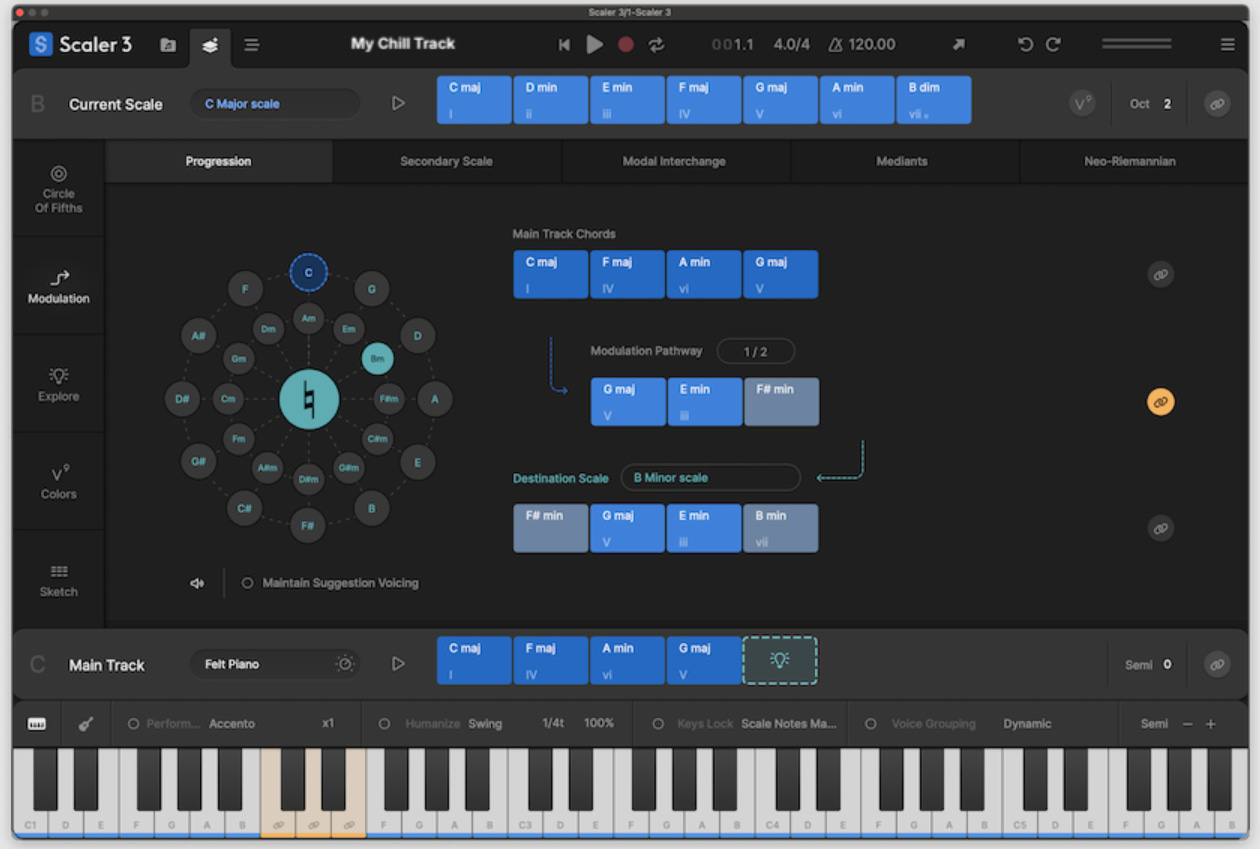 Modulation interface of Scaler 3, showing chords, circle of fifths, keyboard, and other tools