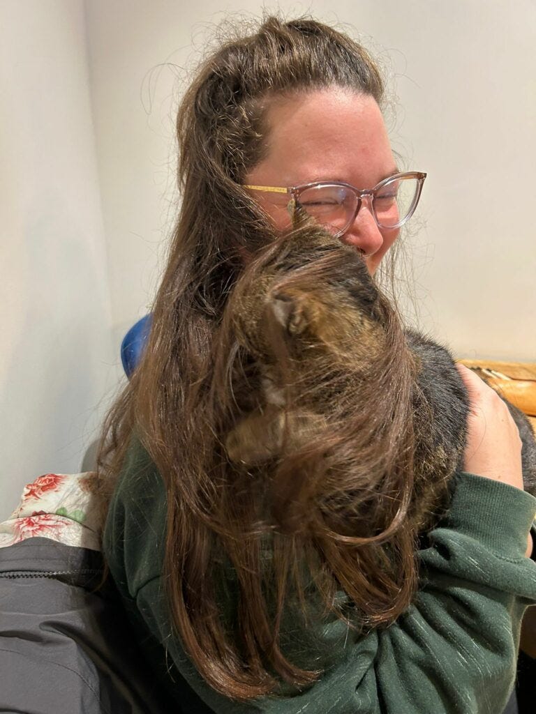 Un chat du bar à chats est monté sur moi et joue dans mes cheveux