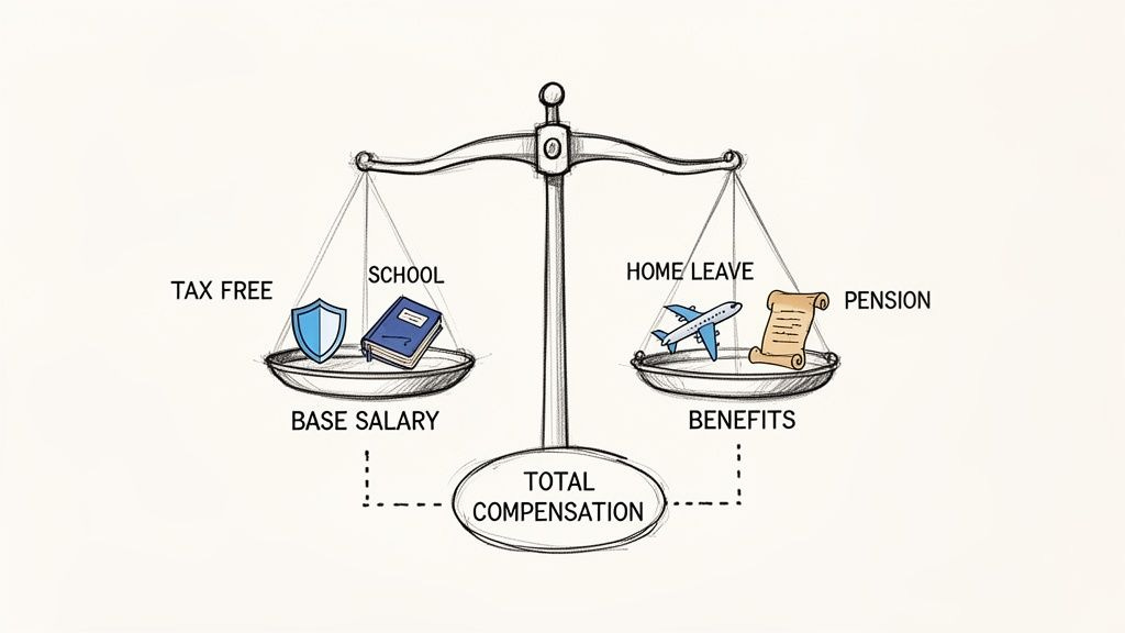 A balance scale illustrating total compensation, divided into base salary with tax-free and school, and benefits including home leave and pension. A balance scale illustrating total compensation, divided into base salary with tax-free and school, and benefits including home leave and pension.