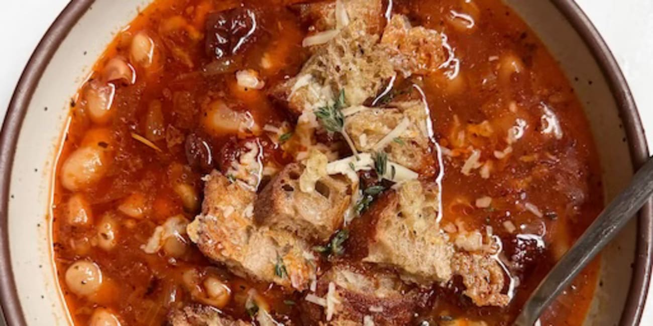 Quick Tomato-y Brothy Beans with Cheddar Croutons