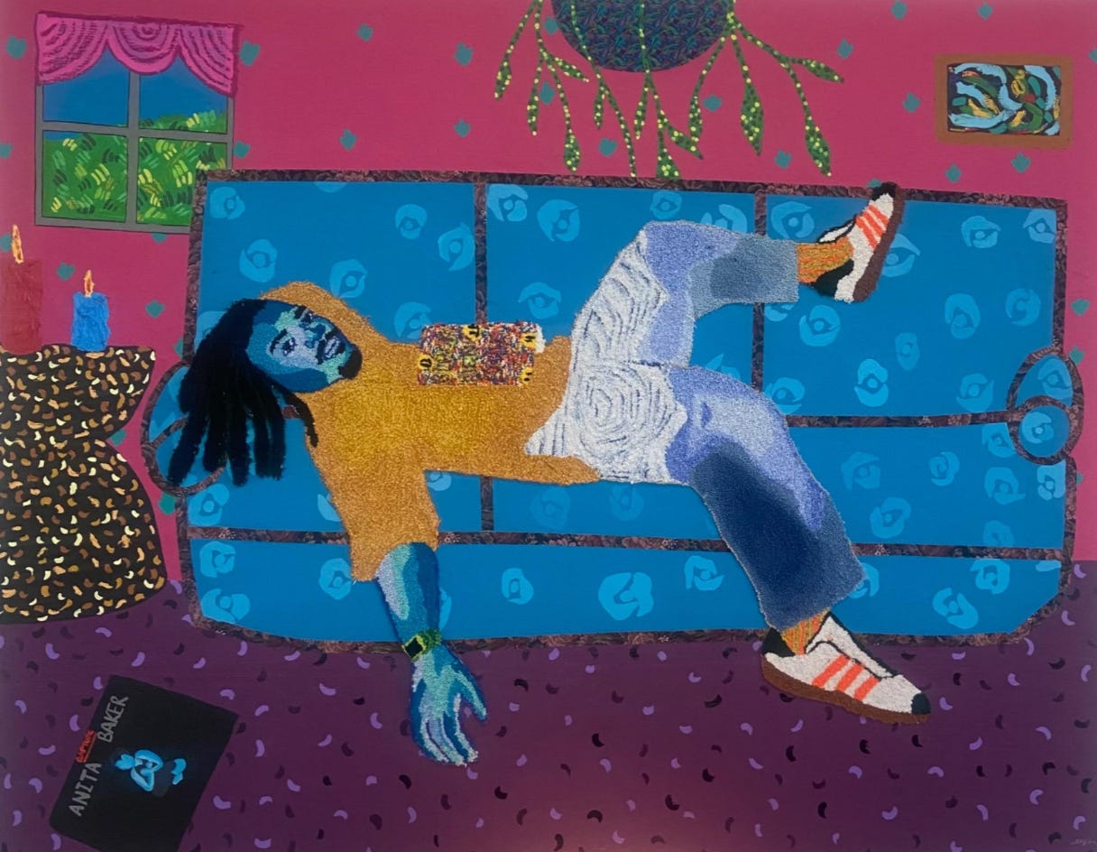 Large textile painting by Honey Pierre with blue-skinned Black figure(s) set in a vivid, patterned room, exploring the tension between an outward smile and inner emotion.