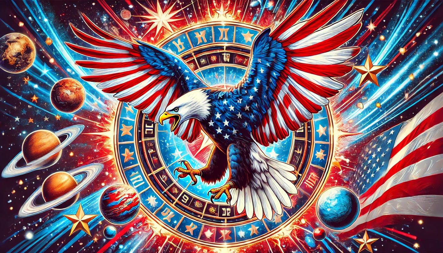 "Humorous patriotic astrology illustration featuring a bald eagle with American flag feathers soaring in space, with zodiac signs and cosmic symbols in red, white, and blue."