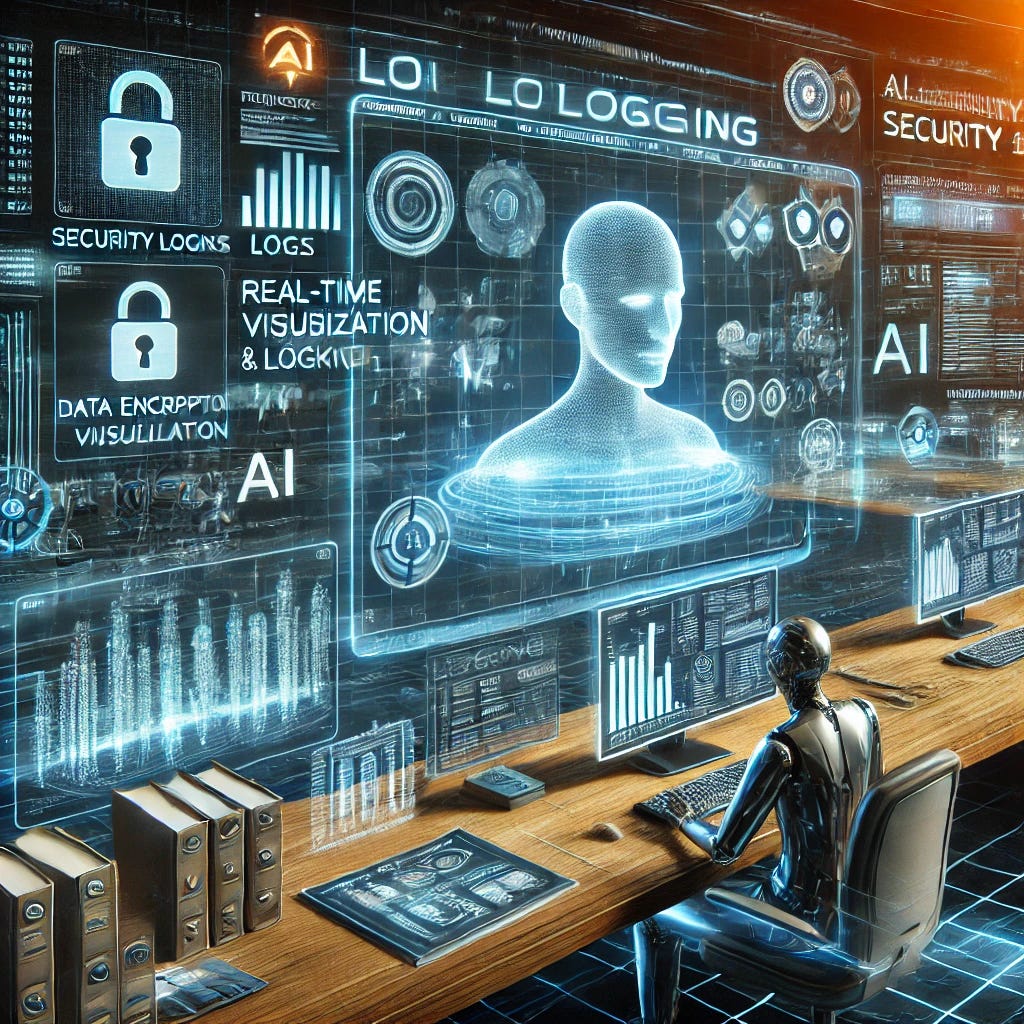 A futuristic scene showing an AI system streamlining security logging. The environment features advanced computer interfaces with real-time data visualization and automated processes. Holographic displays depict logs being processed and analyzed, with AI algorithms visibly at work. The background includes elements like firewalls, data encryption symbols, and network protection visuals. The AI system appears efficient and intelligent, enhancing the security infrastructure seamlessly.