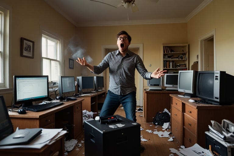 a person trying to juggle computers with chaos in the room and fires