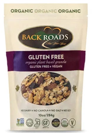 a bag of backroads gluten free granola