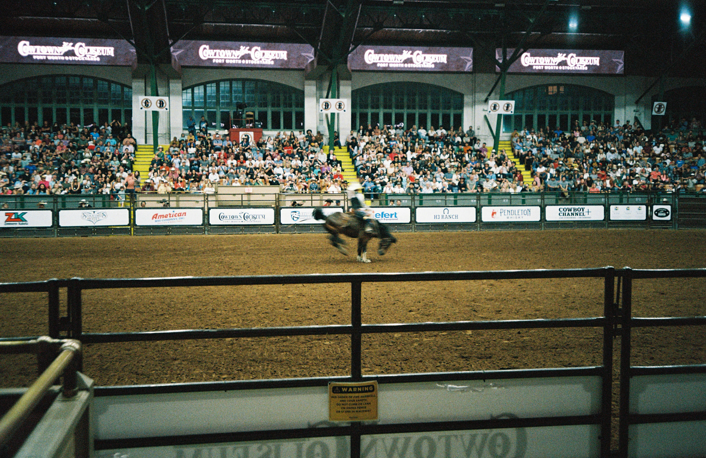 A cowboy riding a bucking bronco at a late night rodeo under blue stadium lights. The crowd watching eagerly. A view from the stands at Cowtown Coliseum, Fort Worth, Texas. Photographed by Connor Fowler on 35mm film.