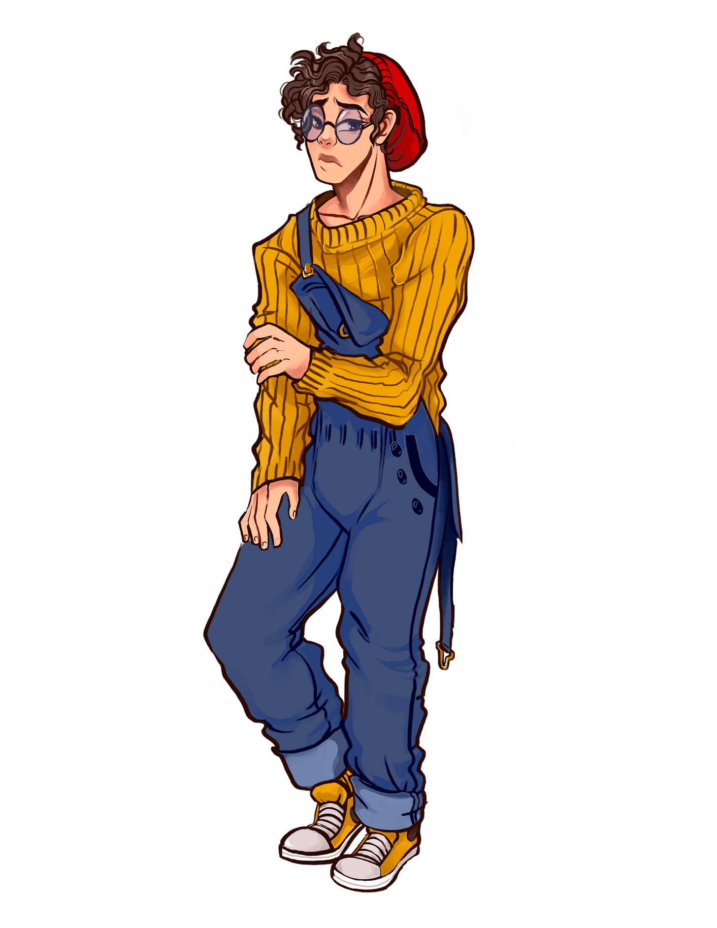 A person standing, holding their arm, looking despondent 