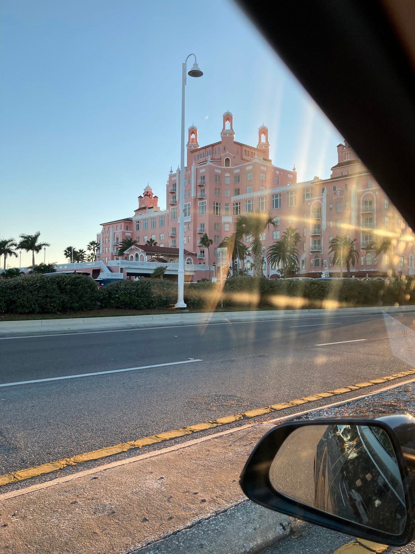 A big, weird, pink building, taken out of Roby's car window