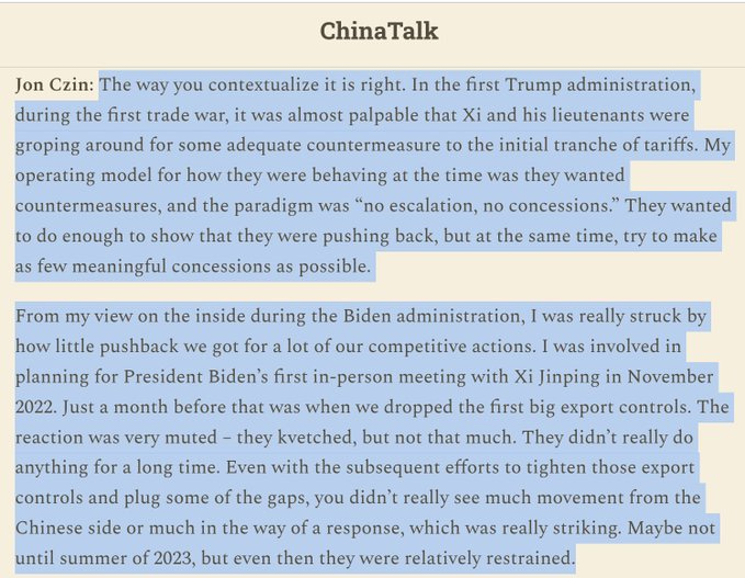 Text excerpt from ChinaTalk by Jon Z, discussing contextualization of trade policies in the first Trump administration, including tariffs and concessions, and surprise during Biden administration regarding export controls and competitive meetings with Xi Jinping in November 2022.