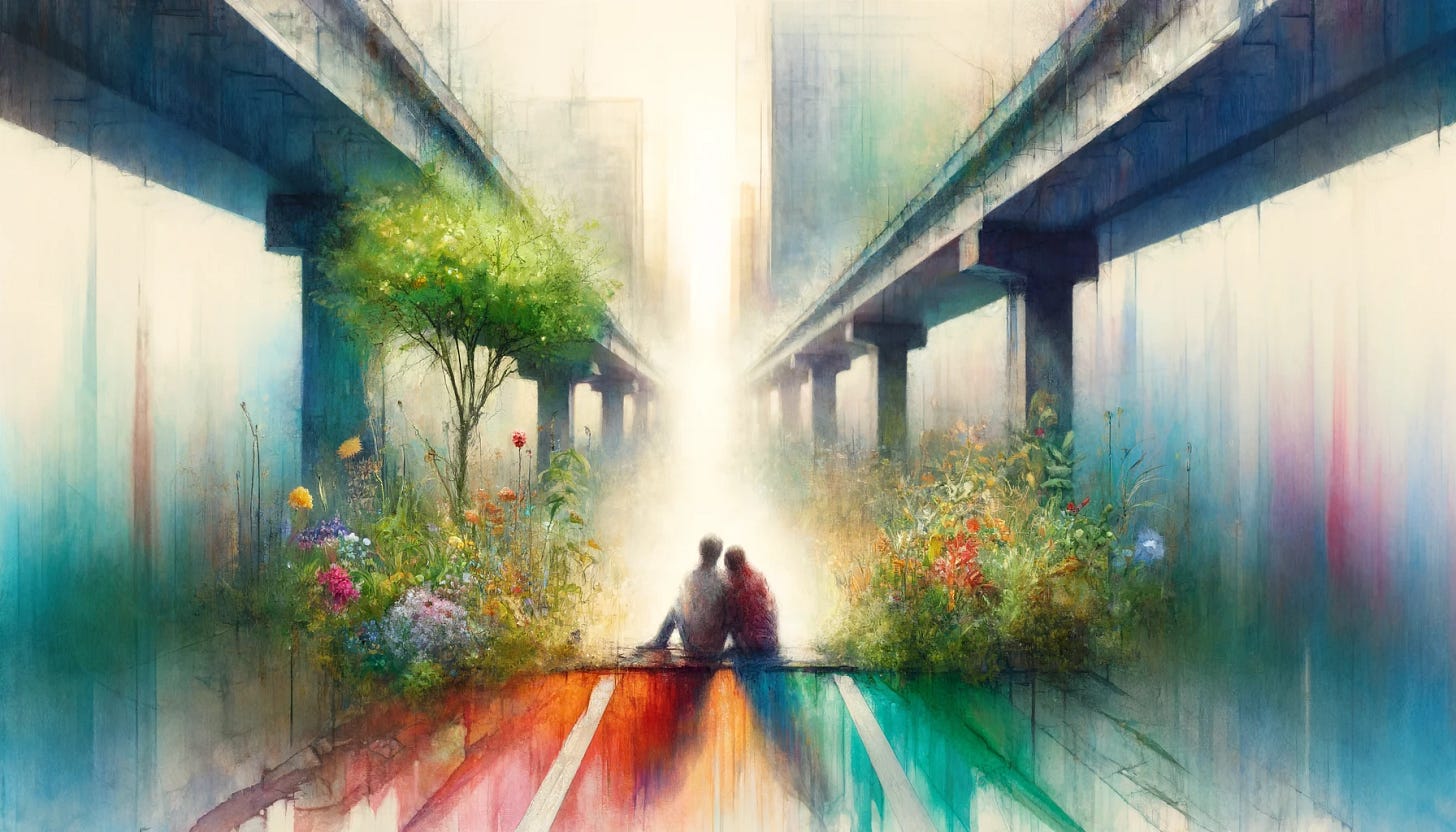 A highly abstract watercolor-style image of a decayed urban freeway overtaken by nature, with a dreamlike and impressionistic aesthetic. Two lovers sit close together on a colorful blanket, their forms blurred but intimate, evoking connection and new beginnings. Vibrant greenery and small blooming flowers grow through cracks in the concrete, sized proportionately to the figures, symbolizing renewal and life. In the background, abstract but recognizable lines and shapes suggest buildings, blending softly with the organic elements of the scene. The composition highlights the interplay between urban decay, human connection, and nature's resilience.