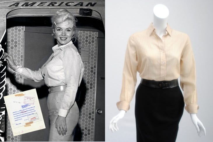 A photograph of Marilyn Monroe, alongside the skirt and shirt she is wearing in the photo A photograph of Marilyn Monroe, alongside the skirt and shirt she is wearing in the photo