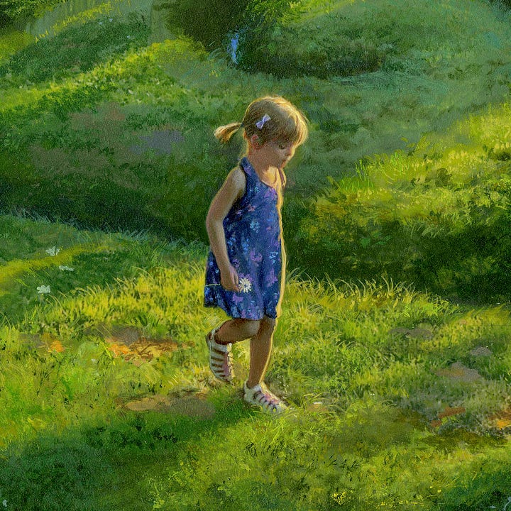 LEFT: Detail from PATH featuring a young girl in blue sundress taking a step on a raised grassy path in what appears to be a gently flowing maze. She absently holds a daisy at her side. Just past her, another path ends in a swirl with water filling recess between tracks, reflecting the sky in a wavy blue line.  RIGHT: Figure detail from PATH featuring a young girl in a blue sundress. The warmth of the sun highlights her as she takes a step on a grassy path. Her blonde hair is tied back in pigtails with a small white bow at the side. She absently holds a daisy at her side. Looking down, it appears her eyes are closed. 