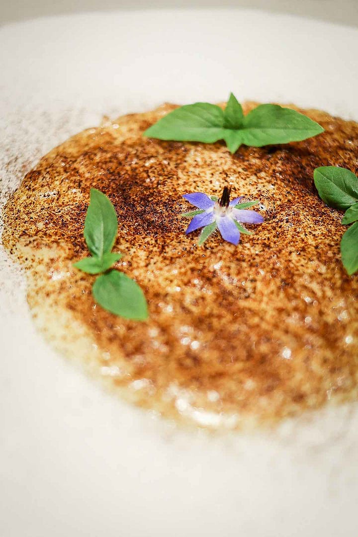 L-R: Sea urchin, percorino and tomato; burnt lemon risotto. Piazza Duomo