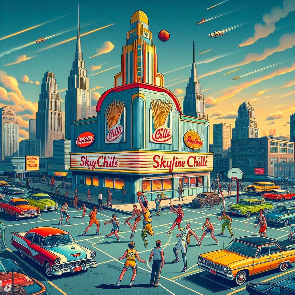 A basketball game being played in a Skyline Chili parking lot, art nouveau