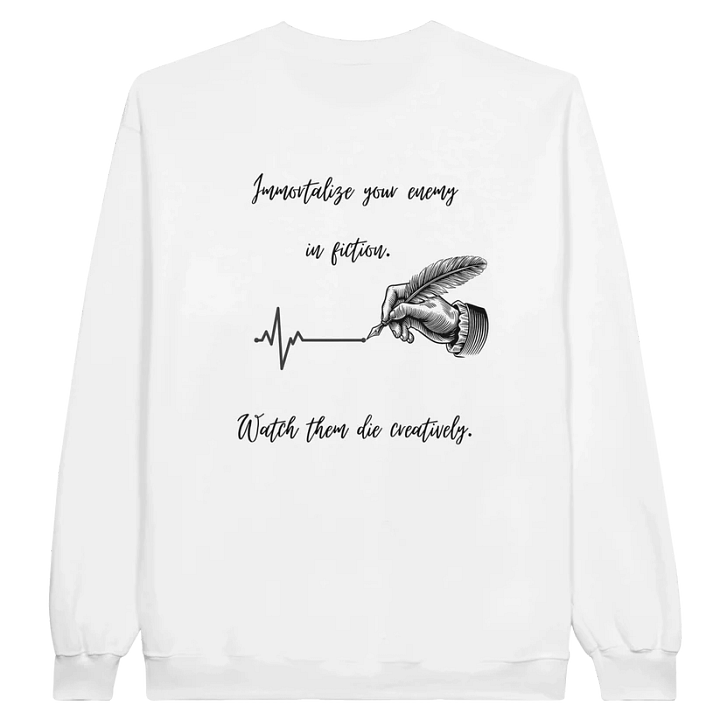 A photo from Nocturnal Narrators website. A sweatshirt front says "Support a writer" with a stack of books. The back says "Immortalize your enemy in fiction, watch them die creatively"
