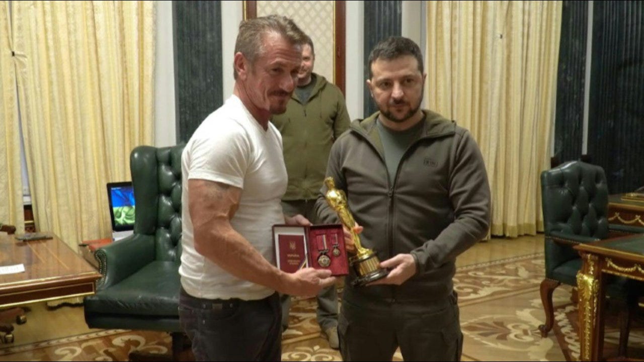 American actor Sean Penn hands over his Oscar statuette to Zelensky American actor Sean Penn hands over his Oscar statuette to Zelensky
