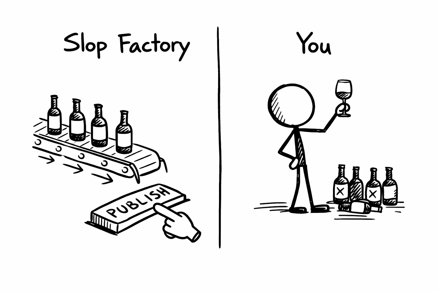 Two-panel illustration comparing AI content slop factory (conveyor belt of bottles going straight to publish button) versus creator with developed taste (stick figure holding one glass up, rejected bottles on the floor) Two-panel illustration comparing AI content slop factory (conveyor belt of bottles going straight to publish button) versus creator with developed taste (stick figure holding one glass up, rejected bottles on the floor)
