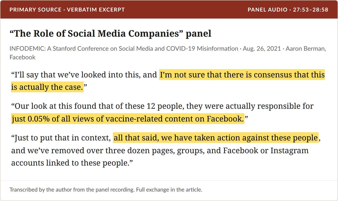 Berman’s answer on the Disinformation Dozen, transcribed from the Stanford panel recording. Highlights added.