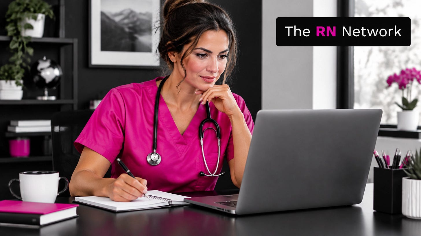 A nurse in pink scrubs planning a job search at a laptop A nurse in pink scrubs planning a job search at a laptop