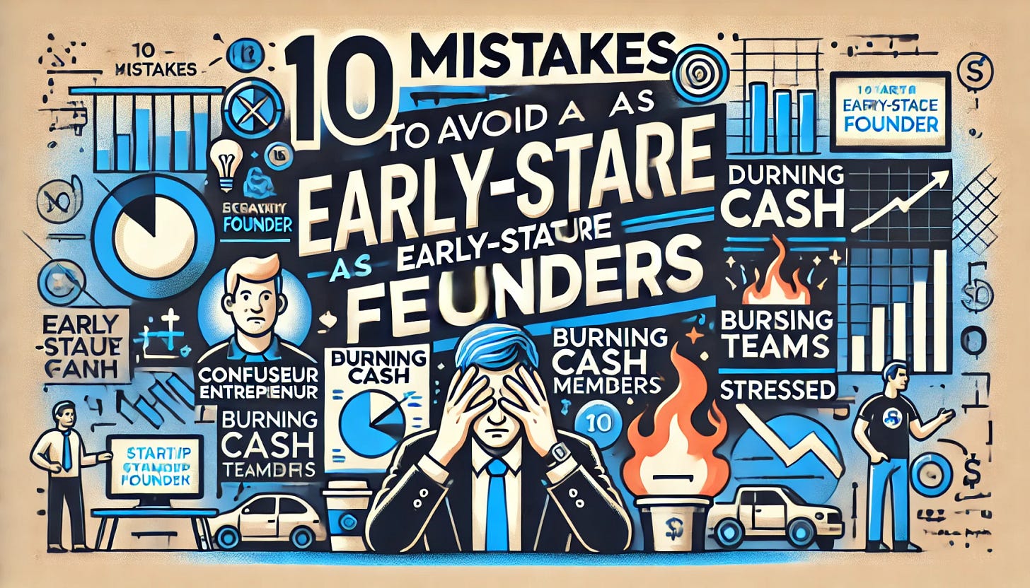 A bold and modern graphic design featuring the text '10 Mistakes to Avoid as an Early-Stage Founder' in large, eye-catching typography. The background includes startup-themed visuals like a confused entrepreneur, declining graphs, burning cash, and stressed team members, symbolizing common mistakes. The color scheme is professional with shades of blue and white, ensuring high readability. The design is in a 16:9 aspect ratio, making it ideal for presentations and social media.