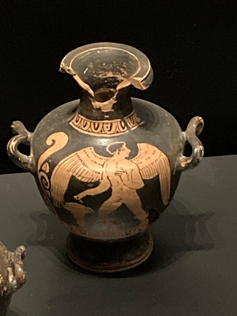 Various ceramics, vases, paintings, posters, iconography, statues, ruins, caves with wings