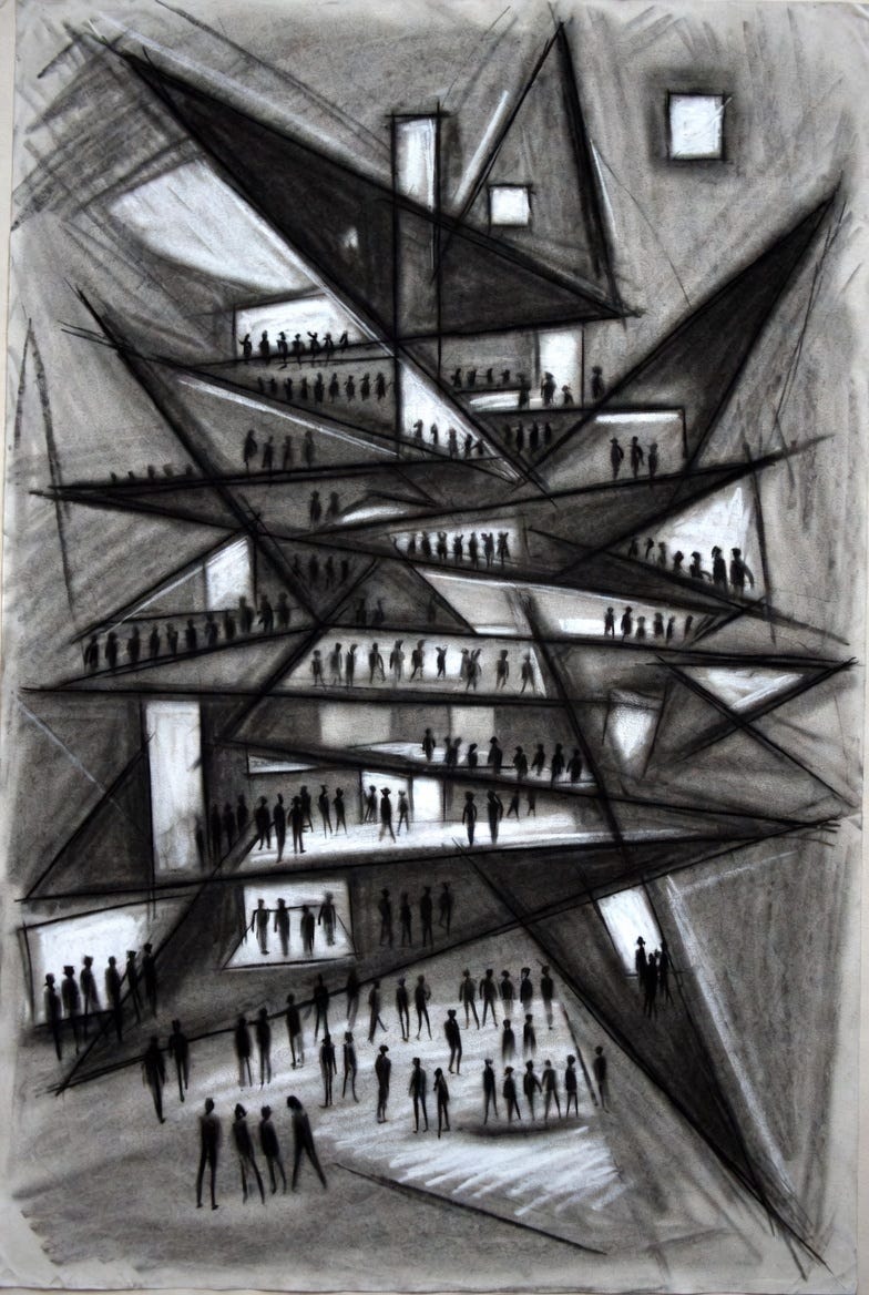 A charcoal sketch of a fragmented public sphere with overlapping layers of societal elements, emphasizing complexity and interaction.