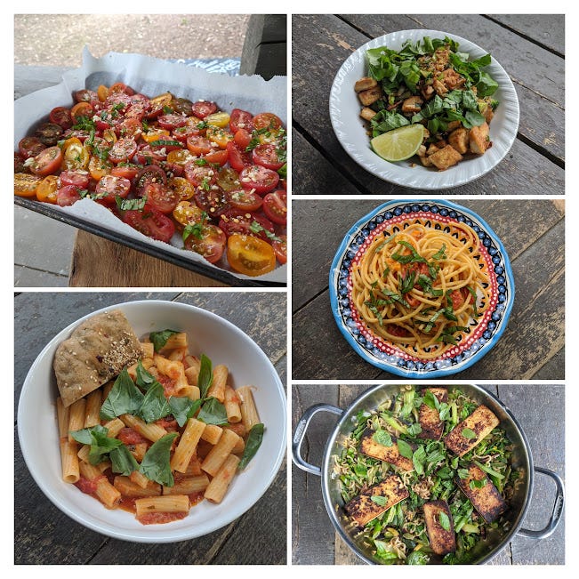 a food collage of cherry tomatoes to be roasted, fried rice, calabrian-style pasta, a ramen basil veggie stir-fry and rigatoni w/ fresh tomato sauce and basil a food collage of cherry tomatoes to be roasted, fried rice, calabrian-style pasta, a ramen basil veggie stir-fry and rigatoni w/ fresh tomato sauce and basil