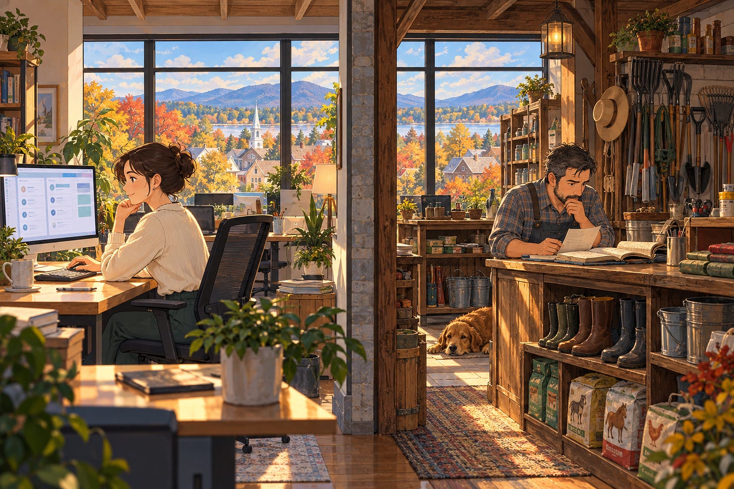 Hand-drawn illustration of a woman working in a software office and a shopkeeper reviewing a ledger indoors, with autumn countryside visible through their windows.