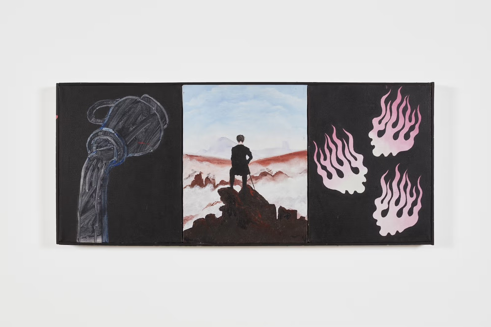 Three-part painting hanging against a white wall, the section at left depicting a jug of water being spilled, the center panel a figure of a man with his back turned to us as he stands above a cloudy valley, the final panel a collection of three flames Three-part painting hanging against a white wall, the section at left depicting a jug of water being spilled, the center panel a figure of a man with his back turned to us as he stands above a cloudy valley, the final panel a collection of three flames