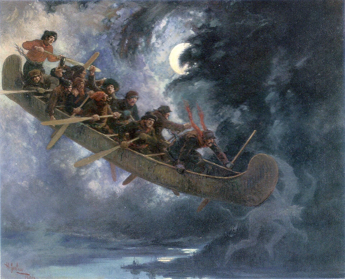 Henri Julien's painting La Chasse-galerie, in which a canoe of lumberjacks flies through the night sky above a snowy landscape. Henri Julien's painting La Chasse-galerie, in which a canoe of lumberjacks flies through the night sky above a snowy landscape.