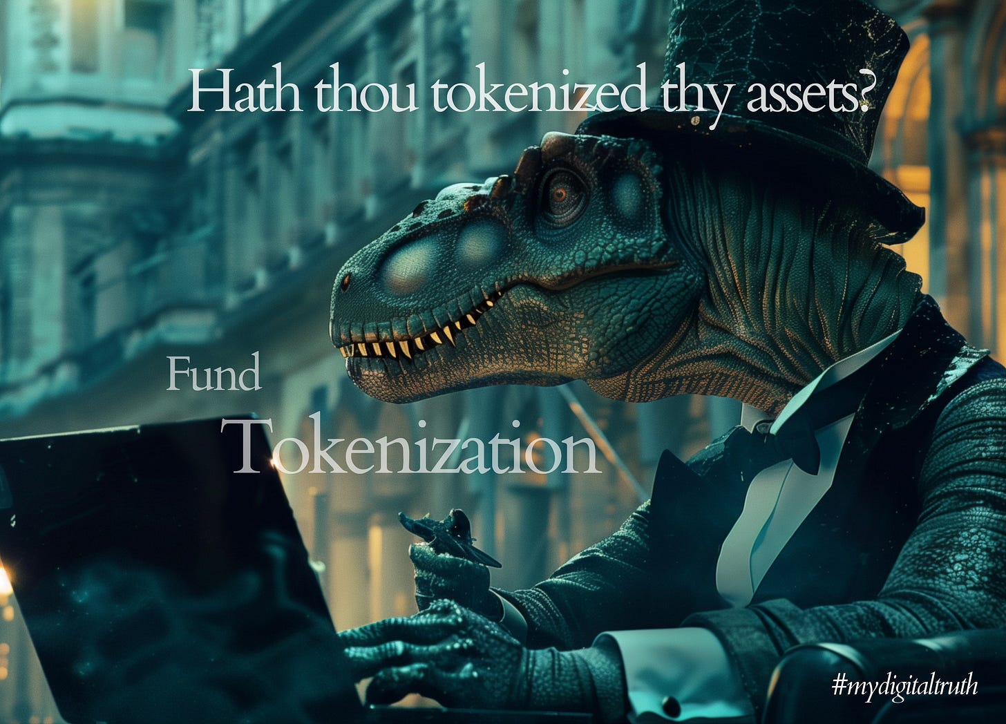 The image features a whimsical scene with a CGI-rendered Tyrannosaurus rex dressed in elegant, Victorian-era attire. The dinosaur stands upright on the street, resembling a sophisticated gentleman, with a tailored black suit, crisp white shirt, and a bow tie. Its head is adorned with a top hat, adding to the genteel appearance. The T. rex's scales are visible, showing detailed textures and patterns, and it has a sharp gaze, with yellow eyes looking directly at the viewer. Its small arms are positioned as if it's making a point or gesturing in conversation. The background is a dimly lit street, likely from a historical European city, with classic architecture and glowing street lamps. Overlaid text in an elegant font reads, "Hath thou tokenized thy assets?" followed by "Fund Tokenization" in bold letters. At the bottom right, the hashtag "#mydigitaltruth" is present. The image appears to be a creative advertisement or commentary on the concept of fund tokenization in the financial sector, playfully combining the antiquity of the dinosaur and the old-fashioned setting with a modern financial concept.