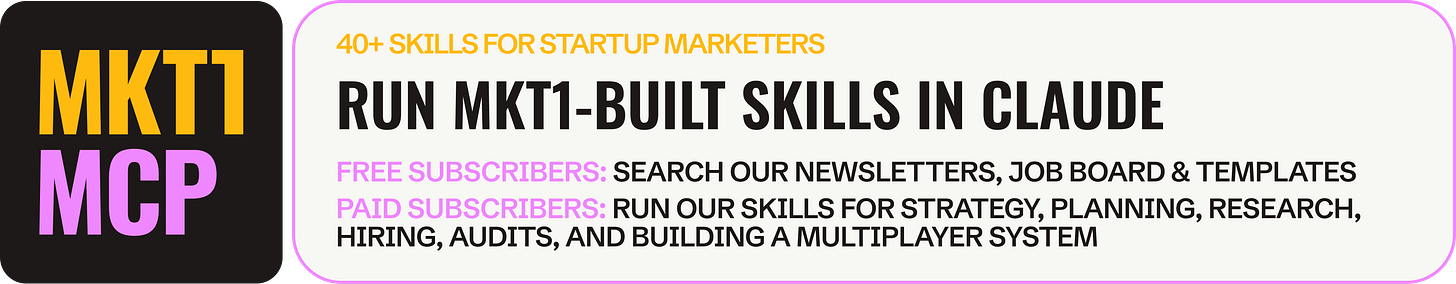 Banner for the MKT1 MCP. Reads: 40+ skills for startup marketers. Run MKT1-built skills in Claude. Free subscribers: search our newsletters, job board and templates. Paid subscribers: run our skills for strategy, planning, research, hiring, audits, and building a multiplayer system.