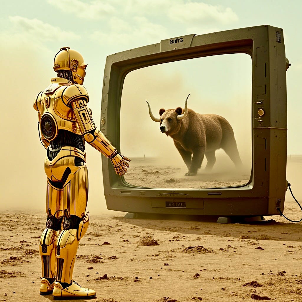 A robot looking at a bull in the desert

AI-generated content may be incorrect.
