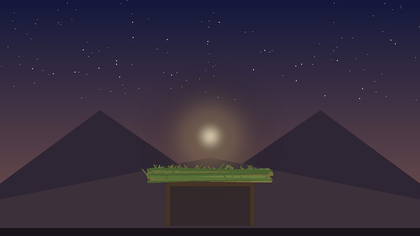 Abstract illustration: two dark mountain ridges at dusk with a soft glowing light resting between them, above a small sukkah with a branch roof.