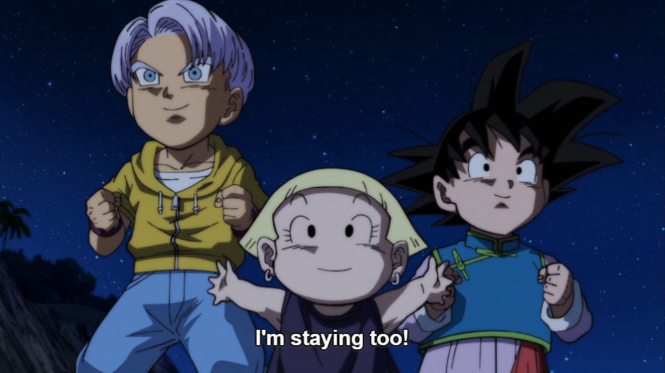 AHA, bonus Goten, Trunks, and MARRON hijinks. ...also 18′s words seem a tad  ominous what has she been teaching this child? – @dragon-ball-meta on Tumblr