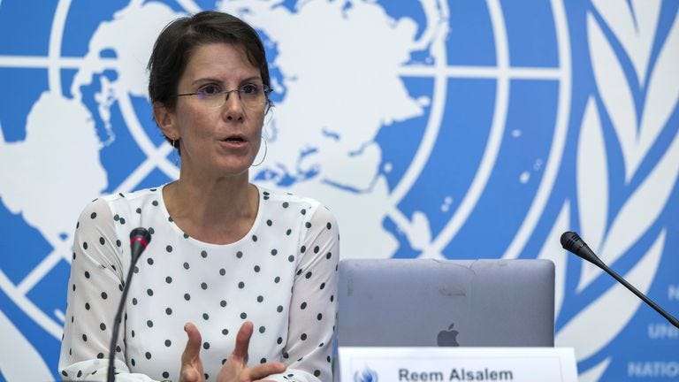 Reem Alsalem, speaks at the UN's European headquarters in Switzerland last year. Pic: AP Reem Alsalem, speaks at the UN's European headquarters in Switzerland last year. Pic: AP