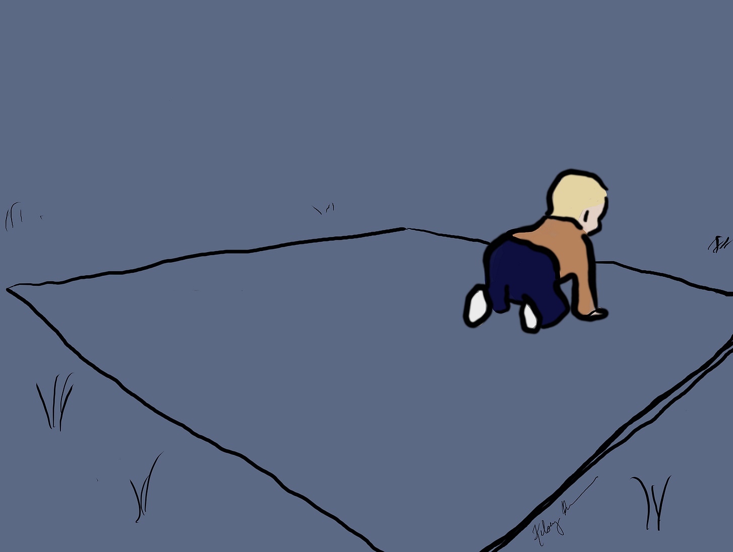 A cartoon drawing of a baby on a blanket on grass, crawling away. The color scheme is subdued, slate-blue, and the baby is a bright spot. A cartoon drawing of a baby on a blanket on grass, crawling away. The color scheme is subdued, slate-blue, and the baby is a bright spot.