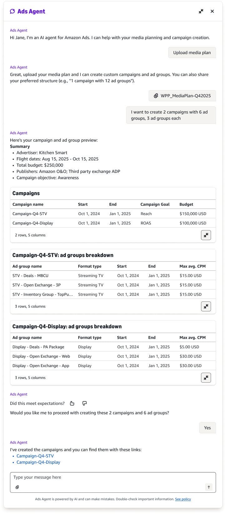 Upload your media plan and Ads Agent handles the campaign setup for you. Campaigns only launch after you review and approve. 