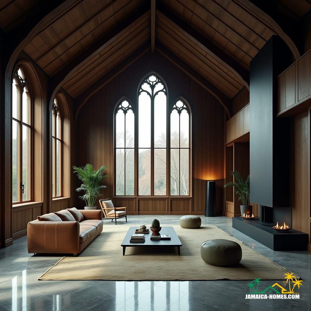 The living room interior: A soaring room with exposed dark wooden beams, a marble floor, and minimalist furniture. Tall Gothic-style windows let in natural light, highlighting a blend of polished wood, dark steel, and sleek modern decor.