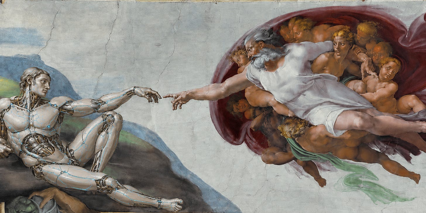 A reimagining of Michelangelo’s Creation of Adam, with Adam rendered as a futuristic AI-like android reaching toward God’s hand.