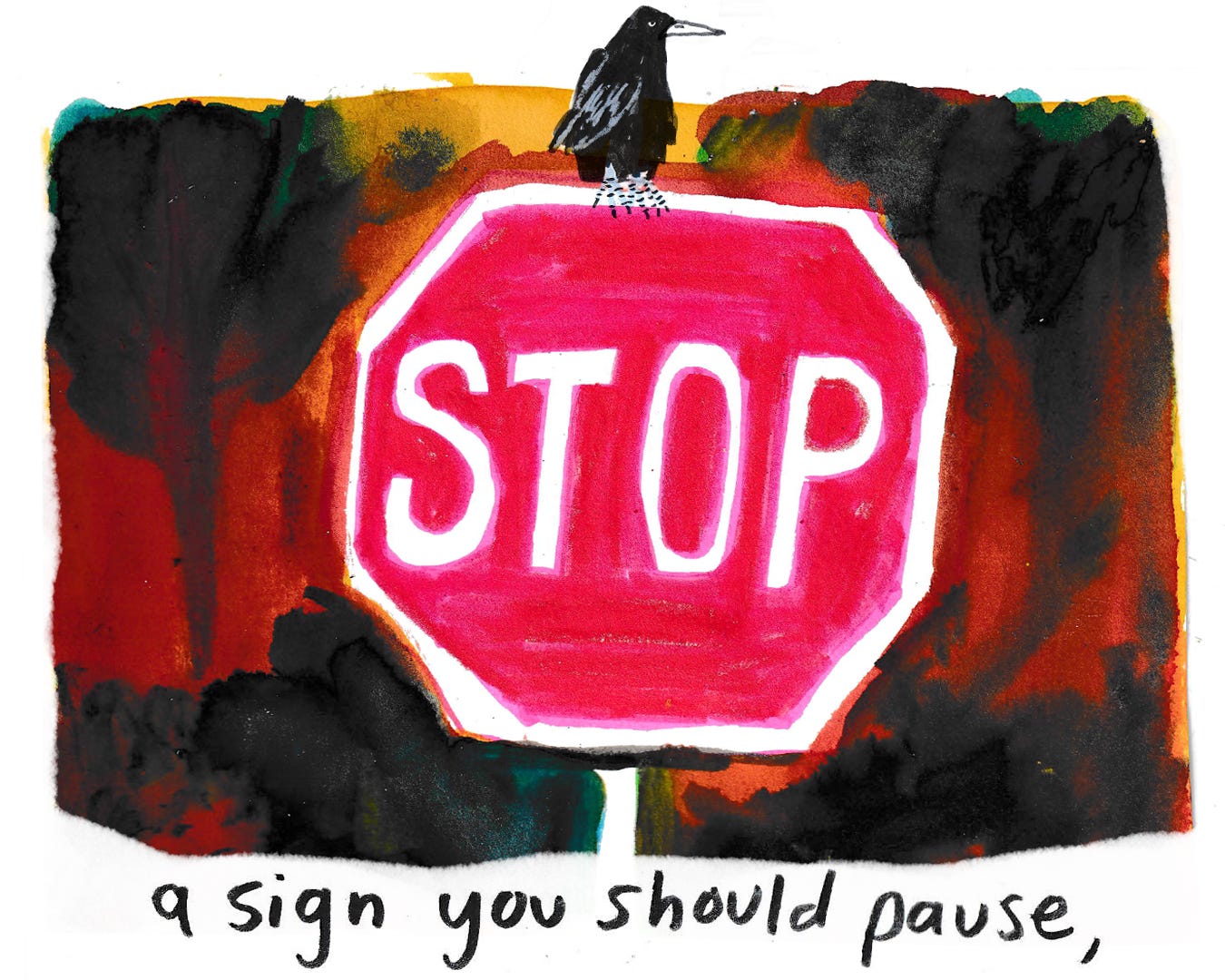 Stop sign and bird illustration by beth spencer