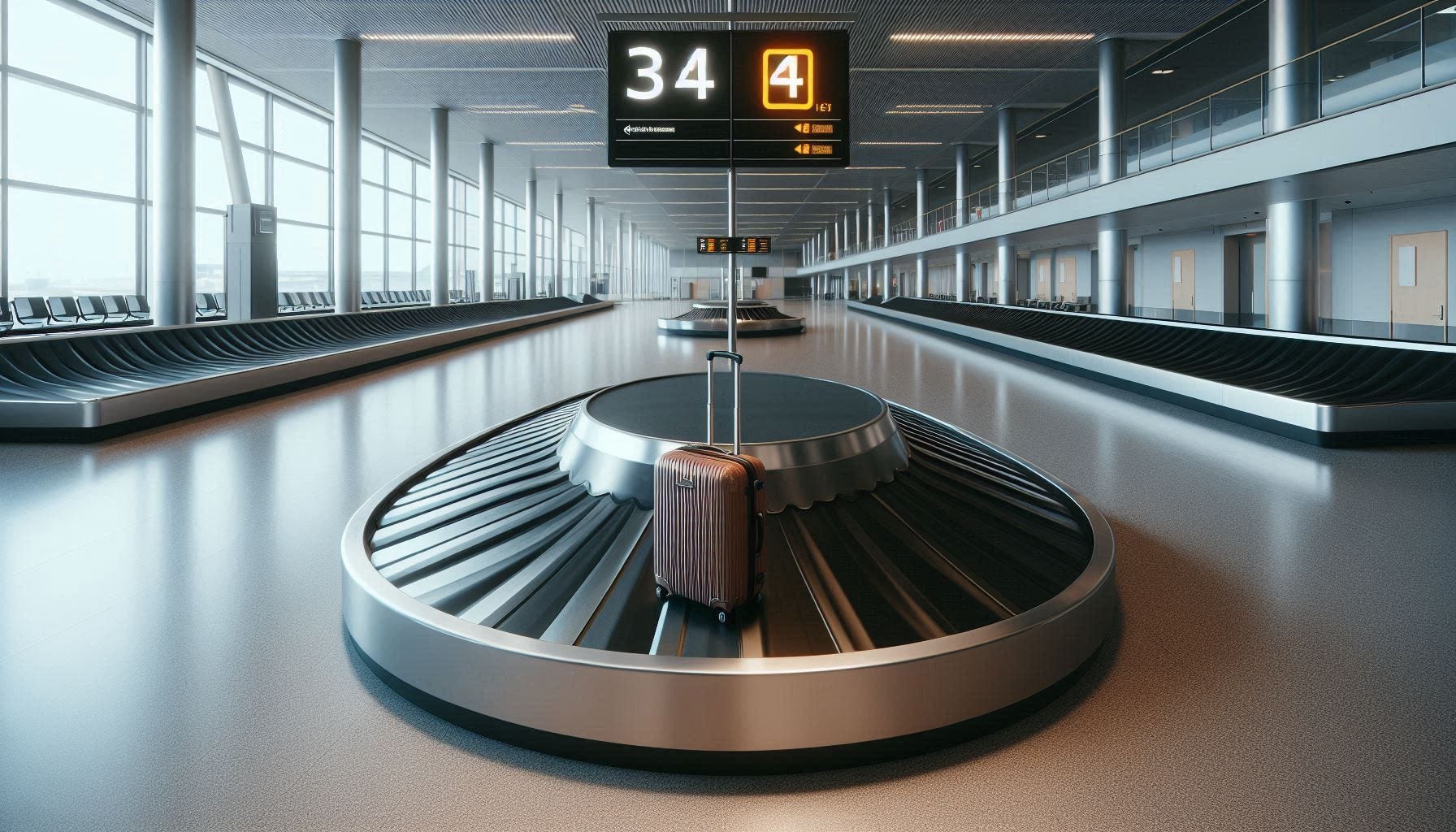 Baggage claim in an airport where a lone suitcase goes around on it. 