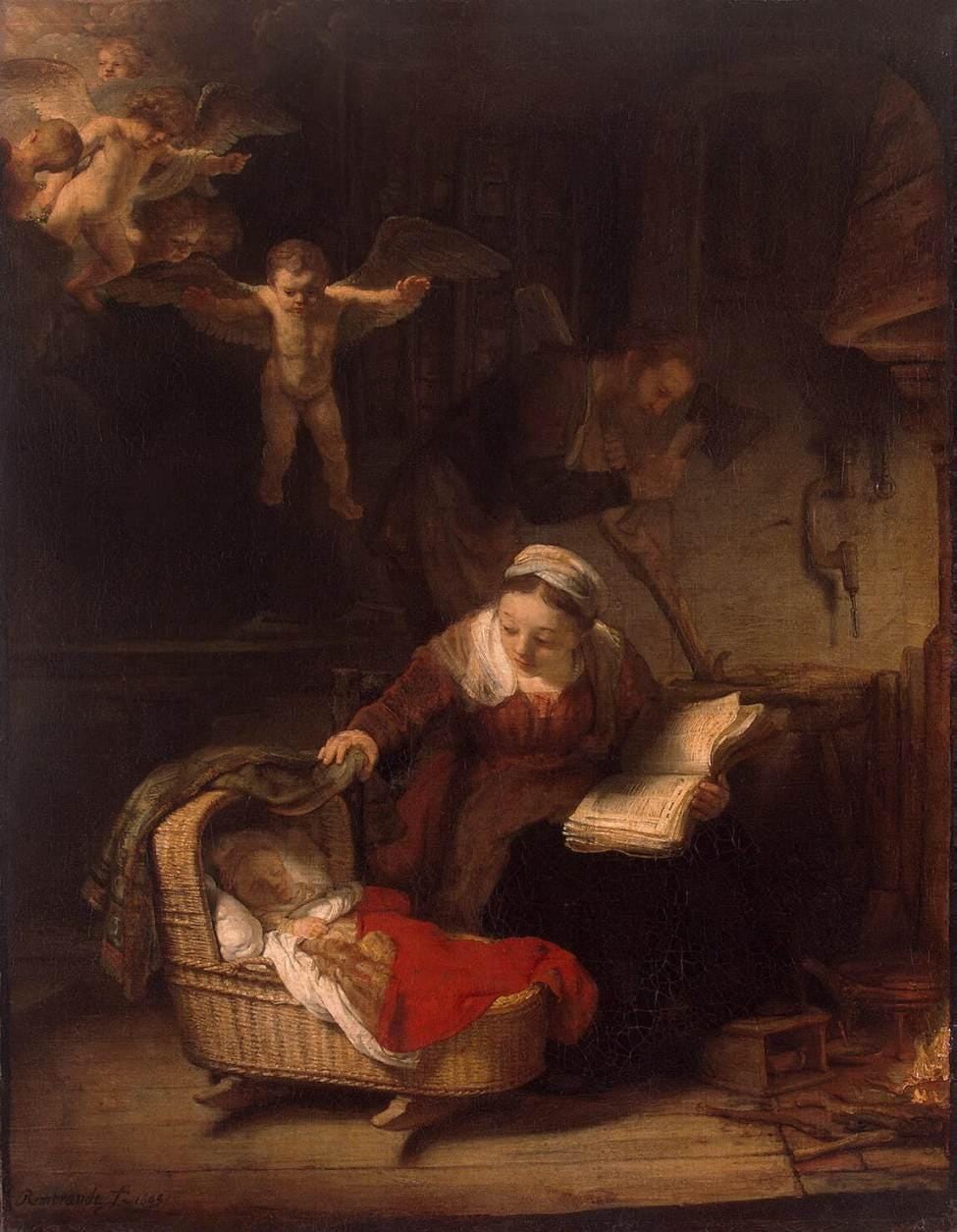 A Dutch mother beside a cradle with angels descending in light A Dutch mother beside a cradle with angels descending in light