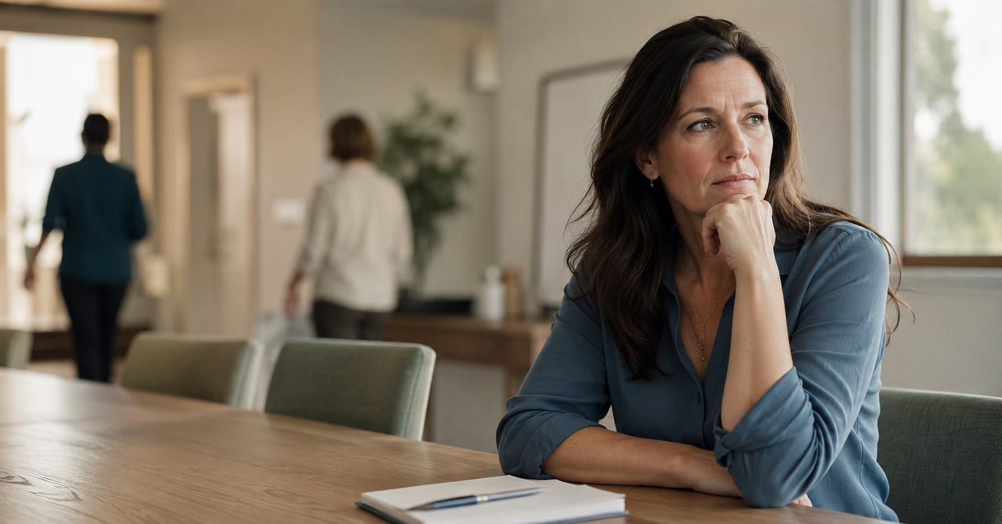 A woman sits quietly at a meeting table as other attendees leave the room.