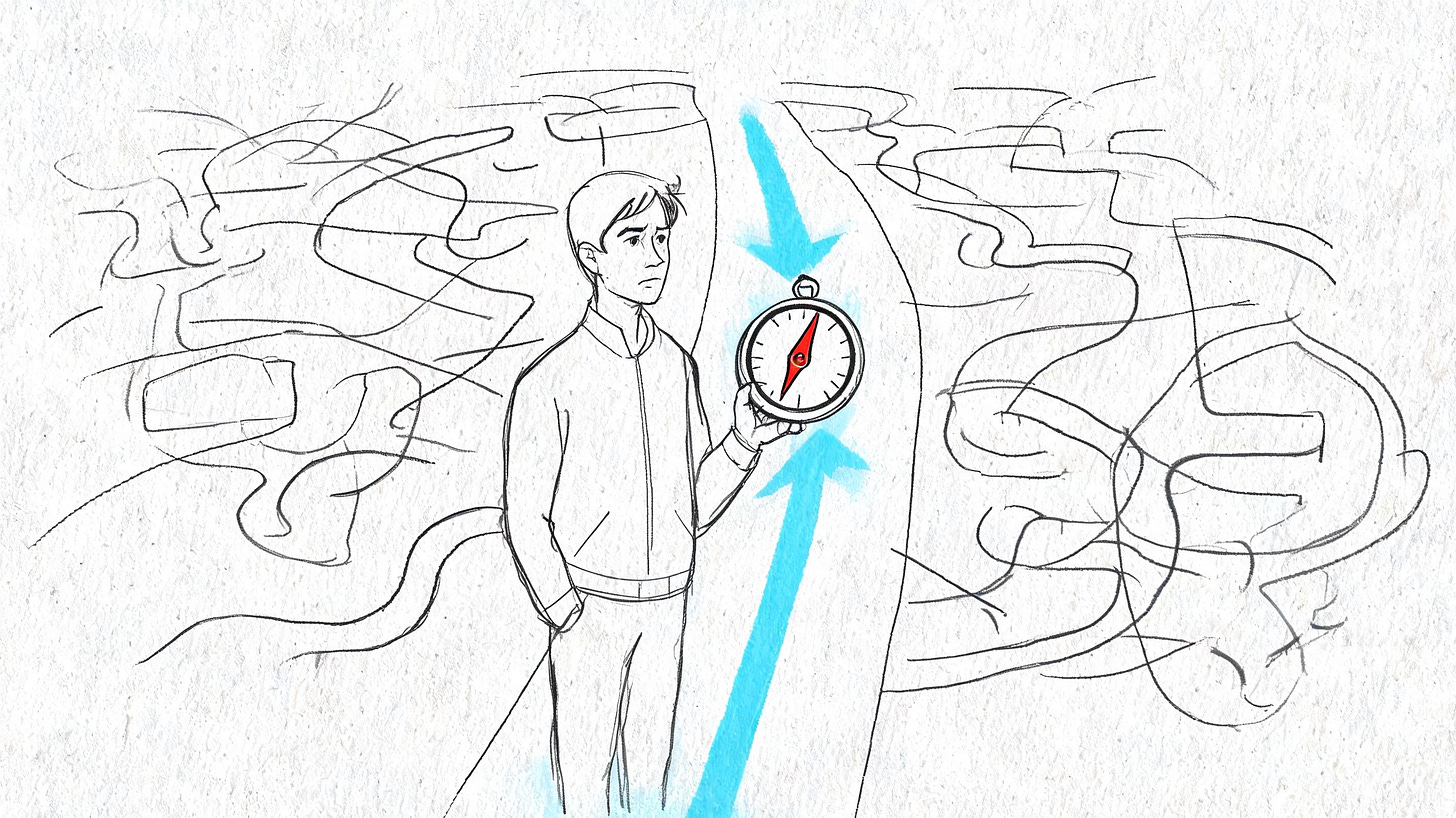 A young man holding a compass stands between two tangled, confusing paths seeking direction for his career.