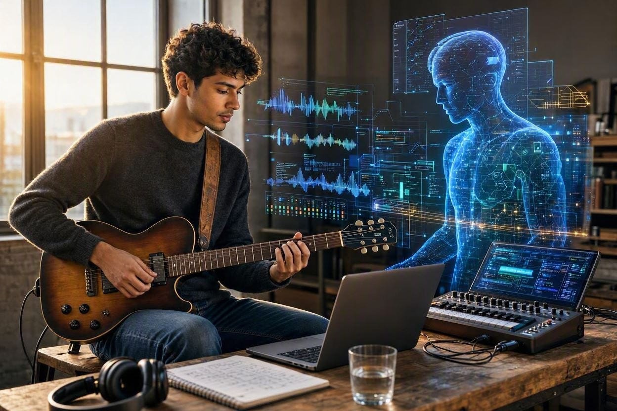A modern image of AI and a musician working together creatively 