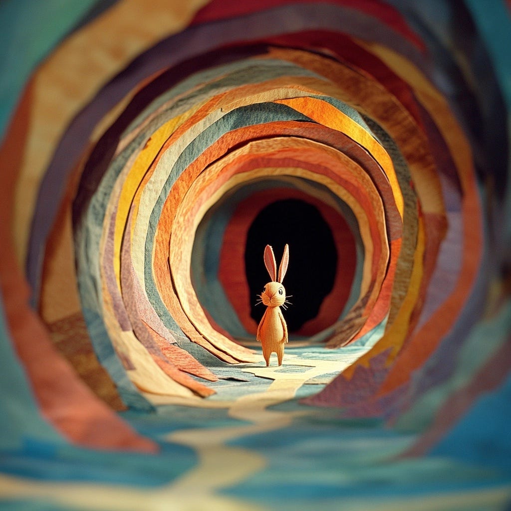 A stuffed rabbit in a tunnel

Description automatically generated