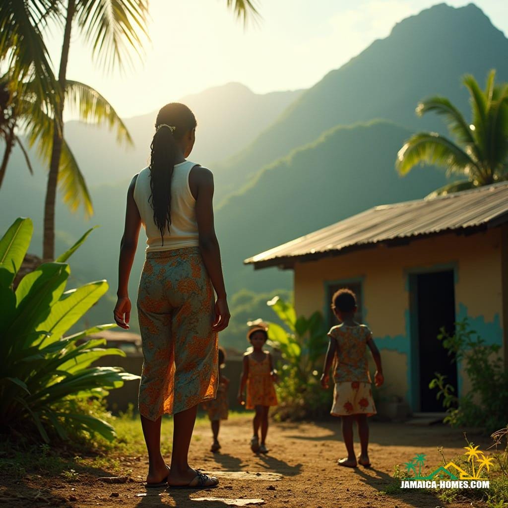  A proud Jamaican mother stands before her modest family home, children gleefully playing nearby amidst lush tropical plants. Majestic mountains form a breathtaking backdrop under warm, vibrant sunlight. The scene evokes love, resilience, and heritage, captured in cinematic realism with a cinematic film still aesthetic, shot on v-raptor XL. Features include film grain, vignette, color grading, post-processing, atmospheric cinematic lighting, 35mm film, live-action, best quality, a masterpiece of epic and dramatic composition.
